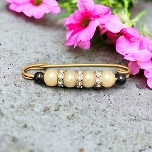 Vintage Pearl Rhinestone Kilt Pin Brooch Gold Tone 2.25" Costume Jewelry Good